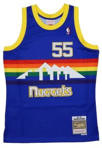 Denver Nuggets retro jersey features blue mesh fabric, yellow accents, rainbow horizontal stripes, and mountain silhouette graphic. Size 55.