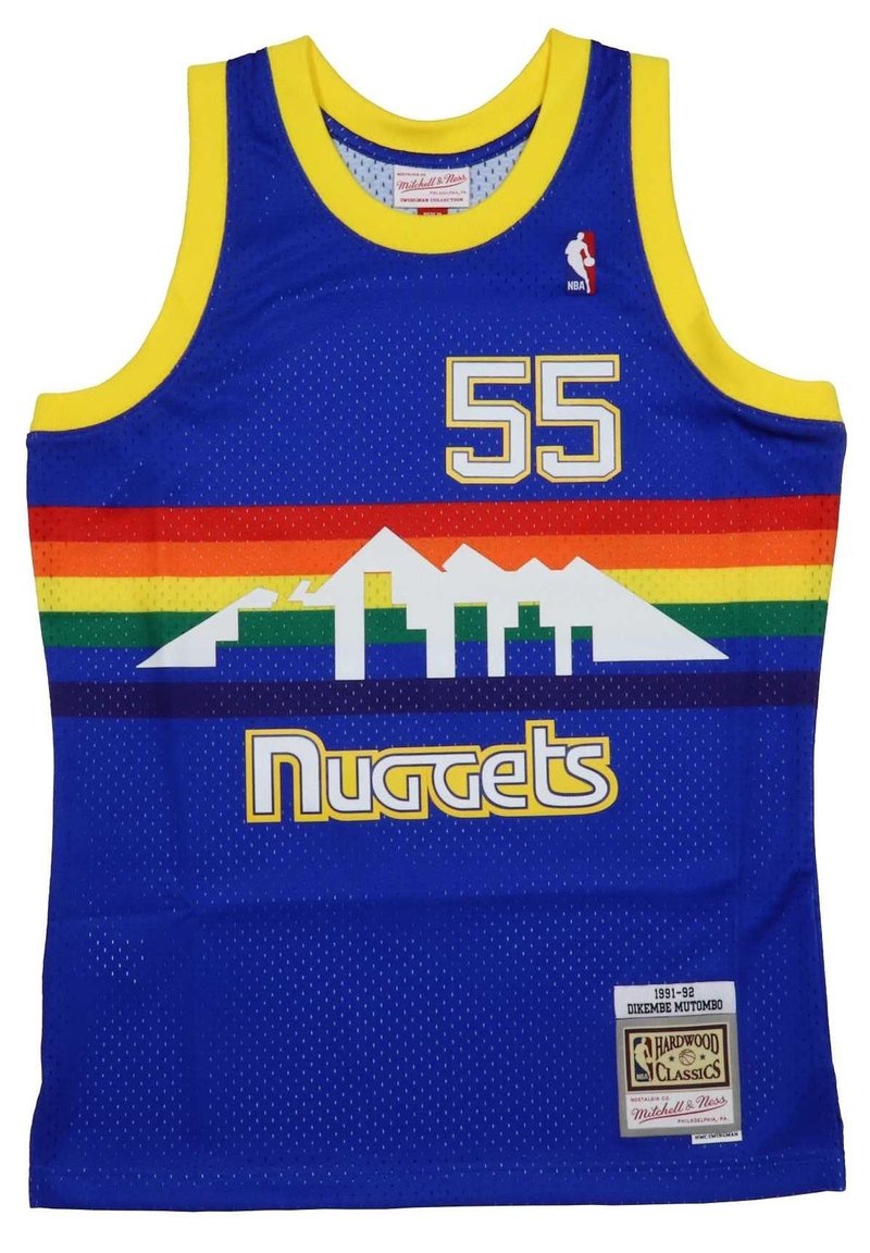 Denver Nuggets retro jersey features blue mesh fabric, yellow accents, rainbow horizontal stripes, and mountain silhouette graphic. Size 55.