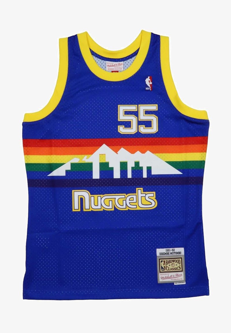 Denver Nuggets retro jersey features blue mesh fabric, yellow accents, rainbow horizontal stripes, and mountain silhouette graphic. Size 55.