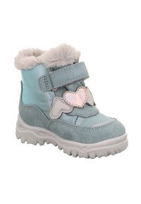 Hellblaue Knöchelstiefel aus Wildleder und Satinmaterial. Mit weißen, herzförmigen Akzenten und einem grauen Kunstfellkragen. Klettverschluss.