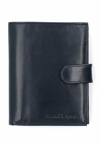 Granatowy skórzany portfel o gładkiej fakturze, z zapięciem na zatrzask i wytłoczonym logo z przodu. Kompaktowy i prostokątny design.