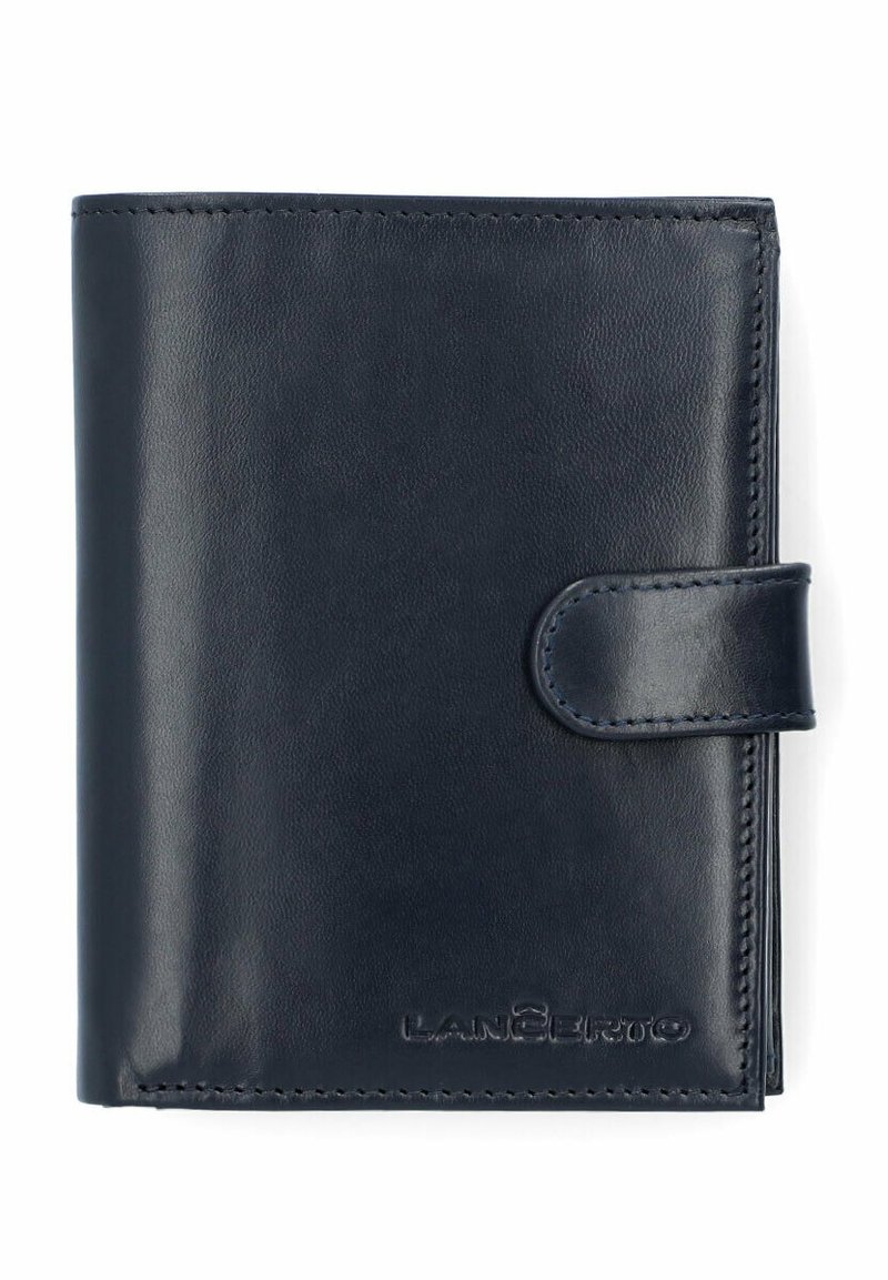 Granatowy skórzany portfel o gładkiej fakturze, z zapięciem na zatrzask i wytłoczonym logo z przodu. Kompaktowy i prostokątny design.