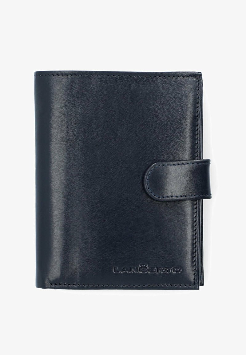 Granatowy skórzany portfel o gładkiej fakturze, z zapięciem na zatrzask i wytłoczonym logo z przodu. Kompaktowy i prostokątny design.