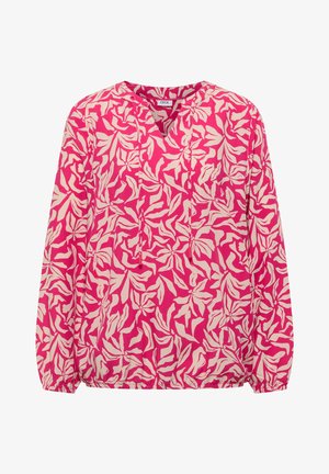 Leuchtend pinke Bluse mit langen Ärmeln, weißem abstraktem Blattmuster, elastischen Bündchen und V-Ausschnitt mit Kordelzug.
