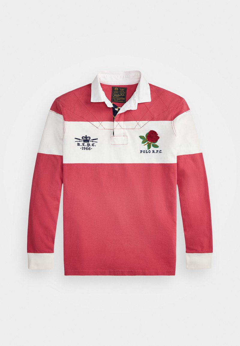 Meeste pika varrukaga rugbipusa punaste ja valgete horisontaalsete triipudega, valge krae, broderi roos ja Polo R.F.C. logo rinnal.