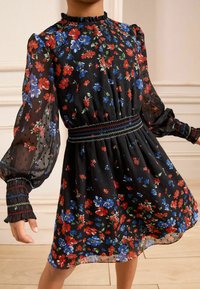 Rochie florală cu un fundal negru, având flori roșii și albastre. Mâneci lungi din tul, cu volane la decolteu și detalii cu elastic la talie.