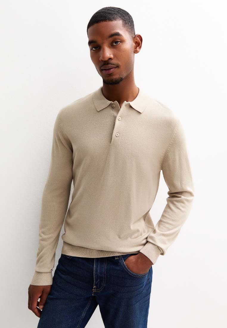 New Look REGULAR LONG SLEEVE POLO - Strickpullover - tan