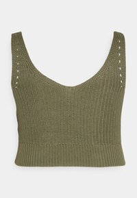 Haut court en maille vert olive avec un col en U, un ourlet côtelé et des points ajourés décoratifs aux épaules pour plus de détails.