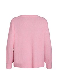 Rožnat pleteni pulover s sproščenim krojem, dolgimi rokavi, rebrastimi manšetami in teksturirano površino, pogled od zadaj.