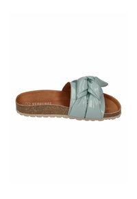 Light blue patent slip-on sandal with a knotted strap design, cork footbed, and rubber outsole. Smooth texture with a glossy finish.