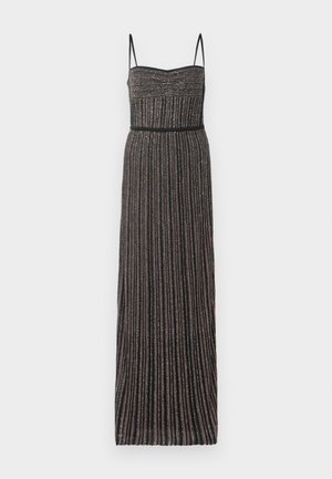 Sort, plissert aftenkjole med tynde stropper, der har en tekstureret bodice og et glitrende vævet design, gulvlængde med en tætsiddende talje.