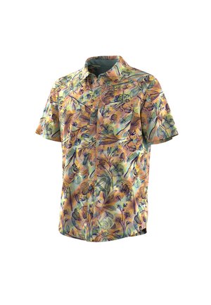 Korte mouw blouse met knoopsluiting en kleurrijke bloemen- en bladrpatronen in tinten oranje, groen en blauw op een lichte achtergrond.