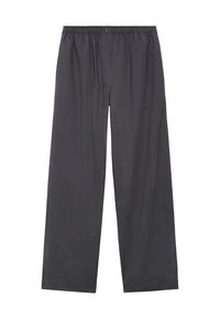 Pantalones livianos de color gris oscuro, con cintura elástica y piernas rectas de largo completo. La tela parece suave con una textura lisa.
