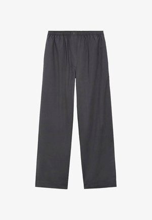 Tmavošedé, ľahké nohavice s elastickým pásom a rovnými nohavicami v plnej dĺžke. Tkanina vyzerá mäkko s hladkou textúrou.