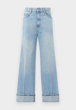 Light blue wide-leg jeans made from denim, featuring a high waist, rolled hems, and classic five-pocket design. Clean finish with minimal distressing.