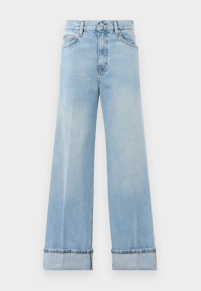 Light blue wide-leg jeans made from denim, featuring a high waist, rolled hems, and classic five-pocket design. Clean finish with minimal distressing.