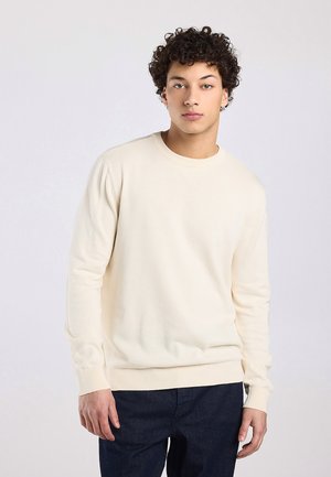Junger Mann mit lockigem Haar, der einen offwhite-farbenen Langarm-Rundhalspullover und dunkle Hose trägt, steht vor einem einfarbigen hellen Hintergrund.