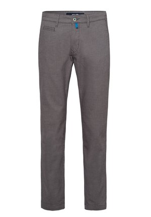 Graue gemusterte Hose in Slim-Fit, mit Knopfverschluss, vorderen Taschen und einem kontrastierenden blauen Akzent am Bund.