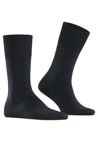 Schwarze Baumwollcrew-Socken mit gerippten Bündchen, glatter Textur und nahtlosem Zehenbereich. Geeignet für legere oder formelle Anlässe.