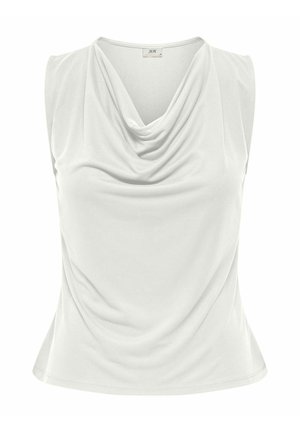 Blouse blanche sans manches avec col bénitier drapé et taille ajustée, confectionnée dans un tissu doux et lisse.