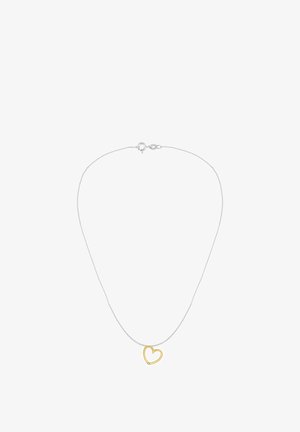 Zilveren ketting met een holle gouden harthanger, eenvoudig ontworpen met een gepolijste afwerking. Verstelbare lengte met sluiting.