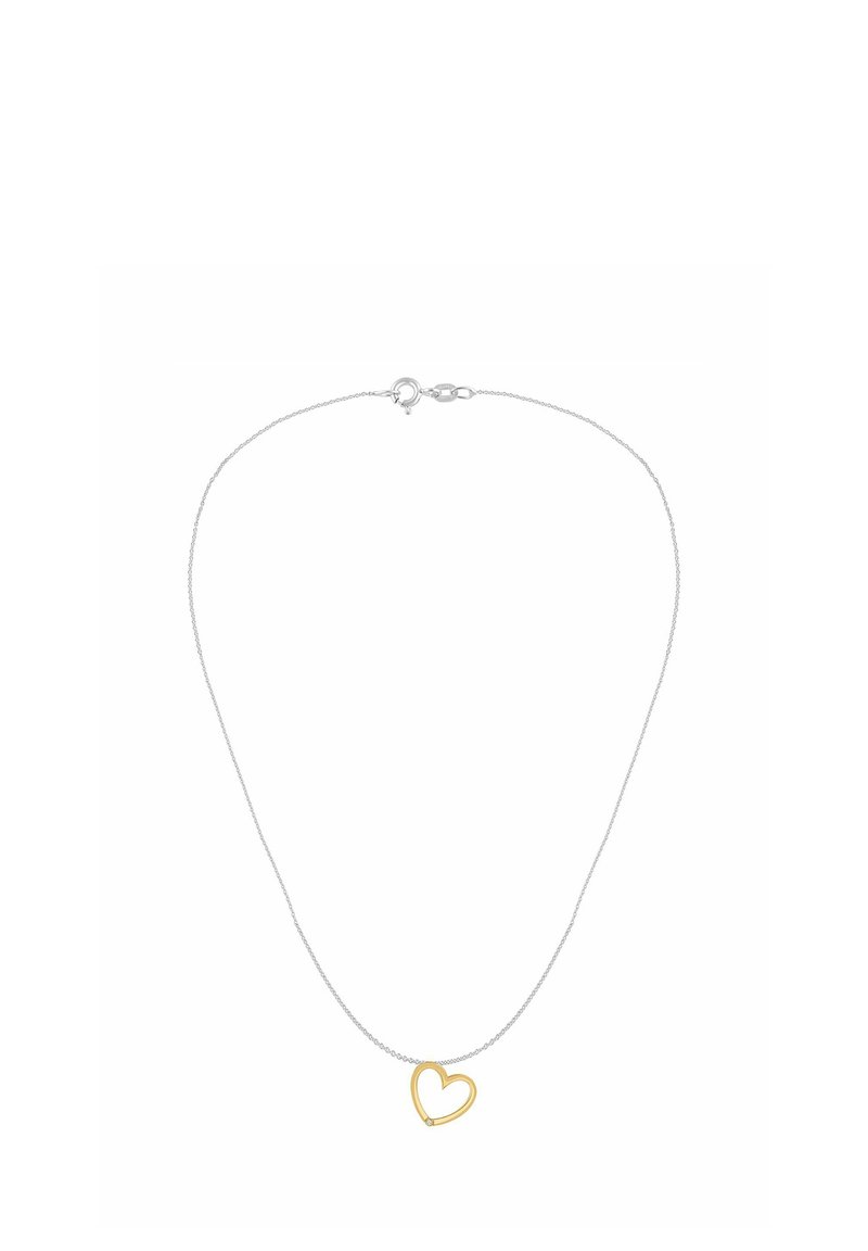 Strieborný náhrdelník s retiazkou, ktorý má prívesok v tvare dutého zlatého srdca s jednoduchým dizajnom a lešteným povrchom. Dĺžka je nastaviteľná s uzáverom na zámok.