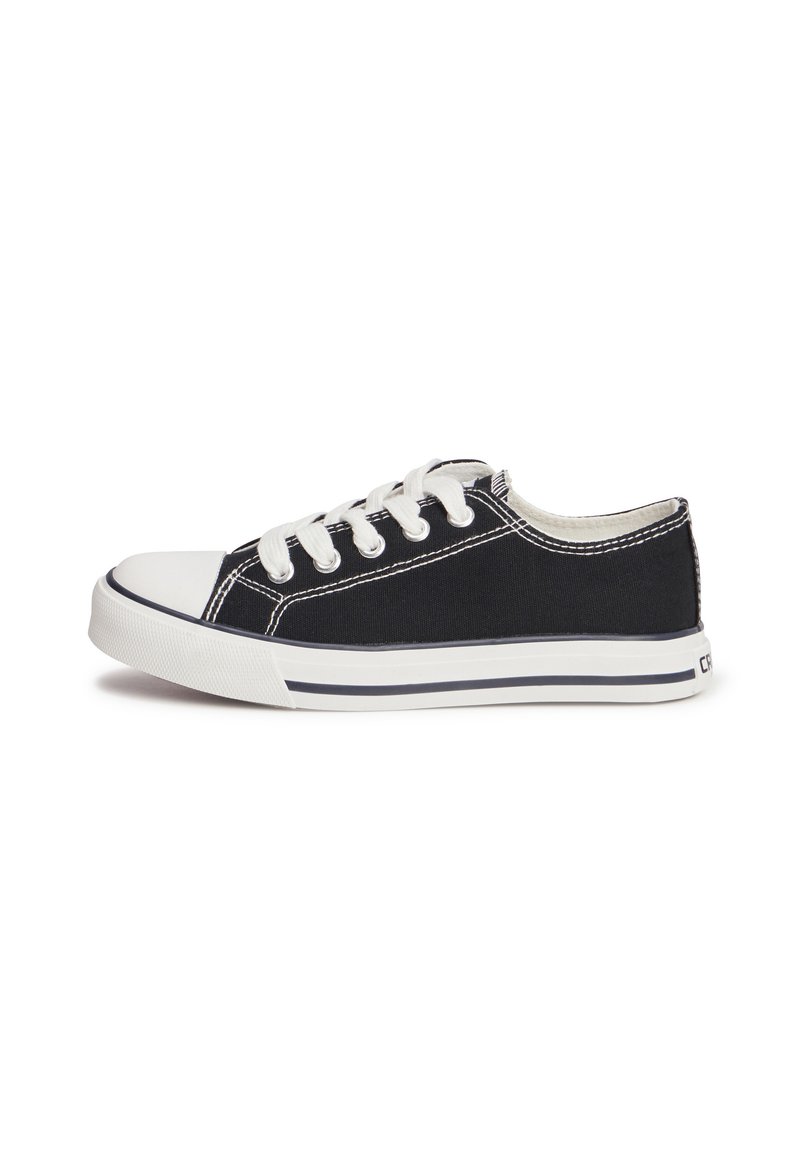 Sneaker nera in tela con punta e suola in gomma bianca. Caratterizzata da lacci bianchi e cuciture a contrasto. Design low-top con strisce blu navy.