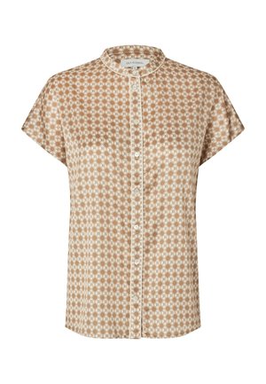 Beige silke bluse med korte ærmer, hvidt geometrisk mønster, mandarin-krave og knaplukning foran.