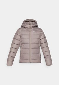 Giacca imbottita grigio chiaro con zip frontale, cappuccio e tasche laterali. Presenta un design trapuntato e un piccolo logo sul petto.