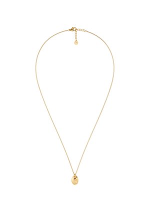 Collier délicat en chaîne d'or avec un petit pendentif ovale lisse et un fermoir ajustable sur fond blanc.