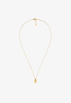 Zarte Goldkettchenkette mit einem kleinen, glatten ovalen Anhänger und verstellbarem Verschluss vor weißem Hintergrund.
