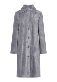 Abrigo gris texturizado con un patrón de espiga, cierre de botones, cuello y bolsillos laterales. Fabricado con un material suave y peludo, con mangas largas.