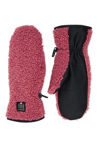 Roze fleece wanten met een fluweelzachte buitenkant en zwarte leren accenten. Voorzien van een elastische manchette en een vergrendelbare toggle voor verstelbaarheid.