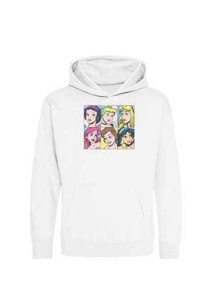 Hvid hættetrøje med farverigt kvadratisk gitter, der viser seks animerede kvindelige ansigter med forskellige hårfarver og -stile på brystet.