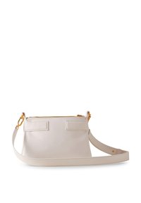 Light beige leather crossbody bag with gold hardware, zippered top, and two front pockets. Smooth texture and adjustable strap.