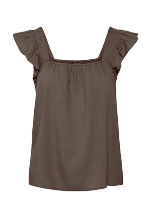 Braune ärmellose Bluse mit quadratischem Ausschnitt und gerüschten Schulterträgern aus leichtem Stoff.