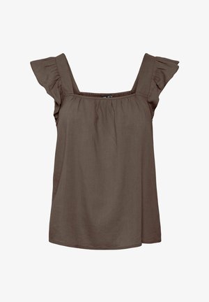 Brown sleeveless blouse with square neckline and ruffled shoulder straps, made of lightweight fabric.