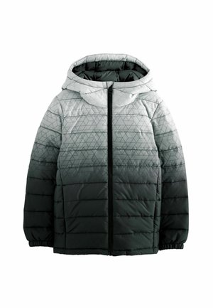 Doudoune à capuche pour enfant avec fermeture éclair à l'avant, couleur en dégradé du gris clair au gris foncé et motif géométrique triangulaire sur la moitié supérieure.