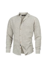 Camicia a righe realizzata in tessuto leggero, caratterizzata da strisce verticali grigie e bianche, con chiusura a bottoni e maniche lunghe con dettagli sui polsini.