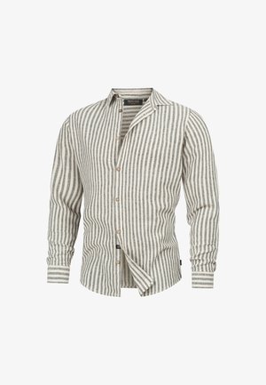 Striped shirt made of light fabric, featuring vertical grey and white stripes, button front, and long sleeves with cuff details.