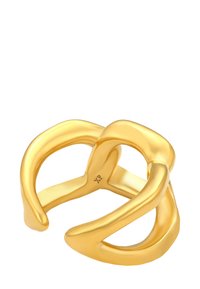 Inel sculptural abstract, de culoare aurie, cu un design deschis, neted și curbat și gravură XP pe banda interioară.