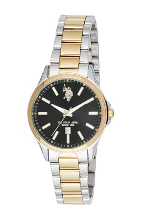 Orologio da polso da uomo con quadrante nero, cinturino in metallo oro e argento, lunetta dorata, tre lancette, indicatore della data e logo e testo U.S. Polo Assn.