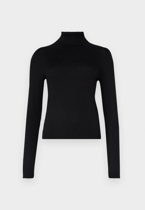 Melnā augstās apkakles džemperis, izgatavots no viegla, elastīga auduma; ar garām piedurknēm, pieguļošu dizainu un ribotu apkakli.