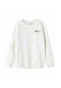 Witte fleece sweatshirt met geribbelde ronde hals en boorden. Bevat een klein bedrukt logo op de borst. Zachte textuur en relaxed fit.