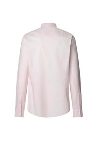 Light pink long-sleeve shirt with a pointed collar, buttoned cuffs, and a smooth textured fabric; back view shows curved hemline.