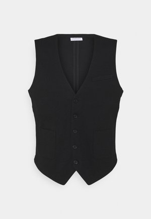 Zwarte vest gemaakt van gladde stof, met een v-hals, zes knopen, twee voorkussens en een klein borstzakje.