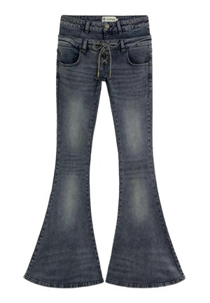 Jean évasé gris foncé avec des zones décolorées, des poches avant, des passants de ceinture et un détail lacé à la taille.