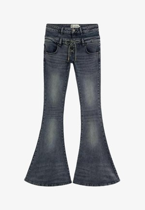 Jeans svasati grigio scuro con aree scolorite, tasche frontali, passanti per cintura e dettaglio con lacci in vita.