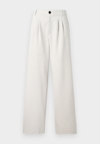 Beige wide-leg trousers made from smooth fabric, featuring front pleats, a single button closure, and side pockets for practicality.