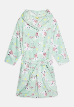 Peignoir en polaire vert menthe avec des motifs de licornes et d'étoiles, doté d'une capuche, de deux poches et d'une ceinture à nouer à l'avant. Texture douce avec fermeture à boutons.